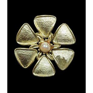 Vintage Floral Brooch Gold Tone With Faux Pearl Accent